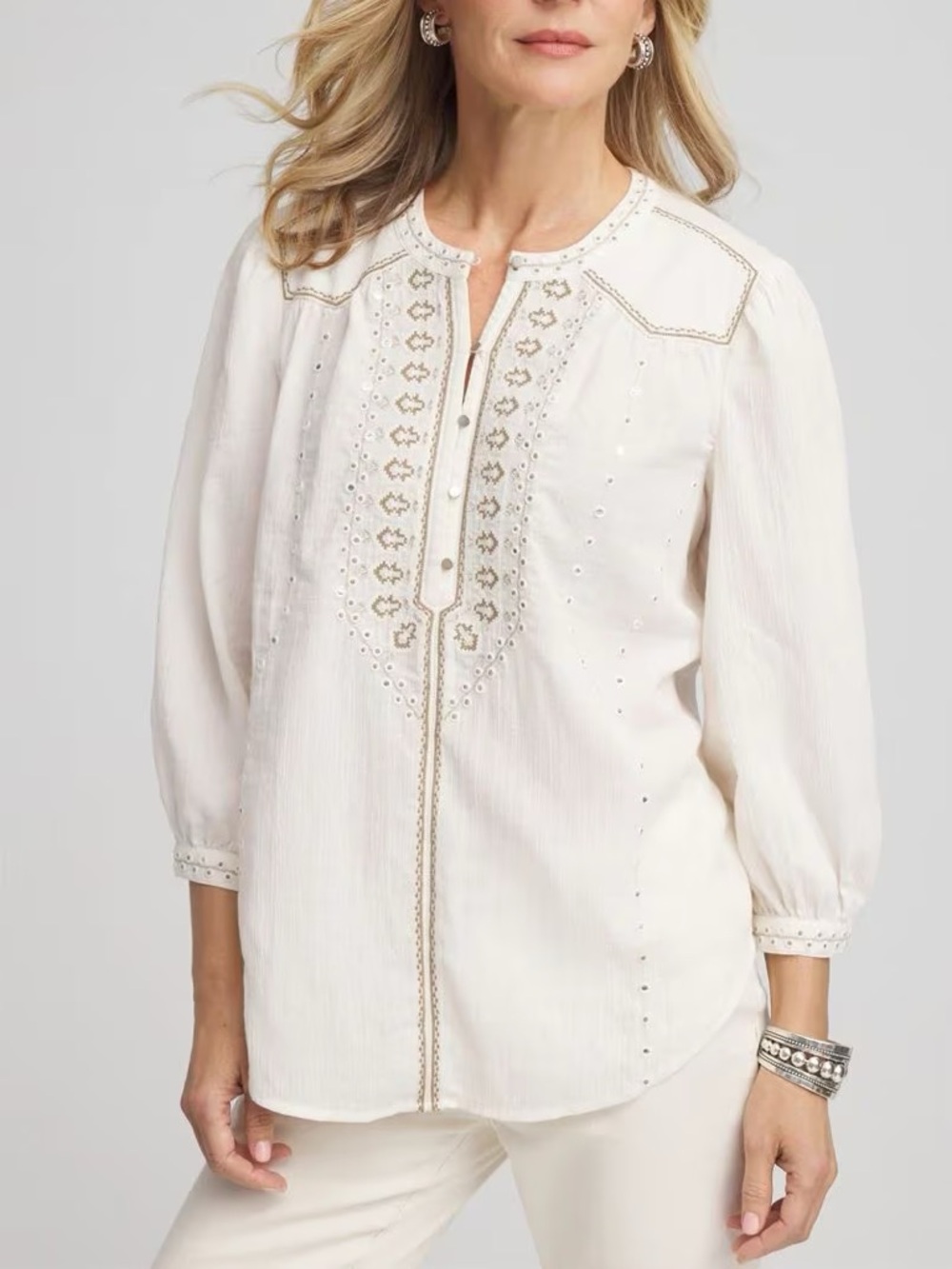 Chico’s Embroidered Crinkle Cotton Blouse Women’s 1 Medium Ecru Boho Relaxed NEW